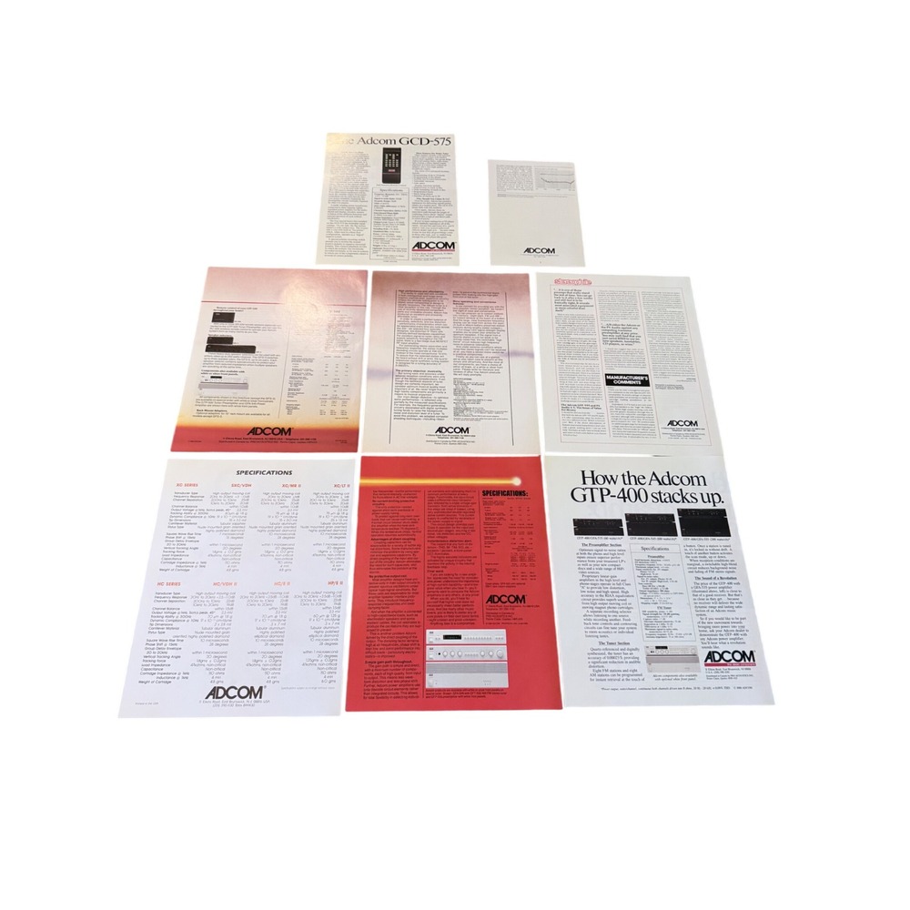 Vintage Adcom Power Amplifiers Literature GTP-400 GCD-575 Specs Brochures 10pc
